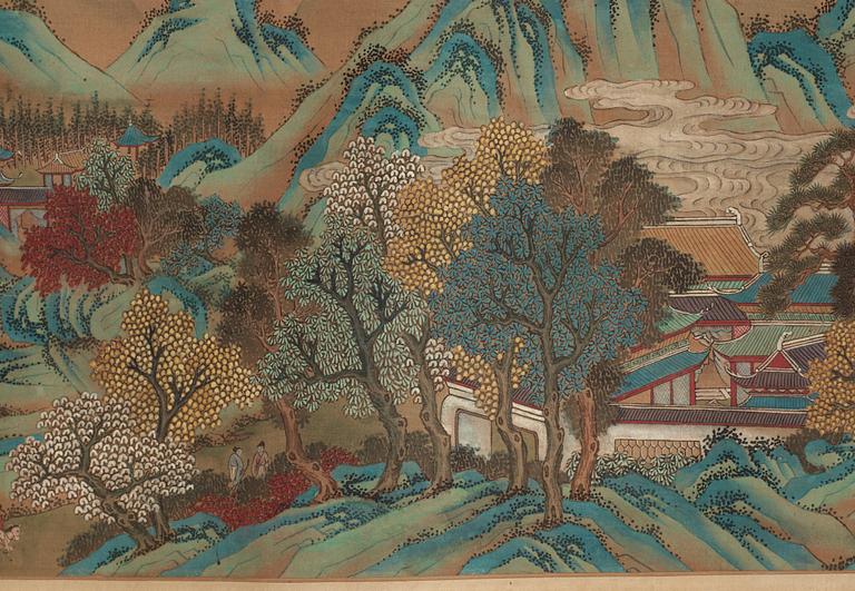 A fine hand scroll landscape painting, copy after Wen Zhengming (1470-1559), late Qing dynasty (1644-1912).