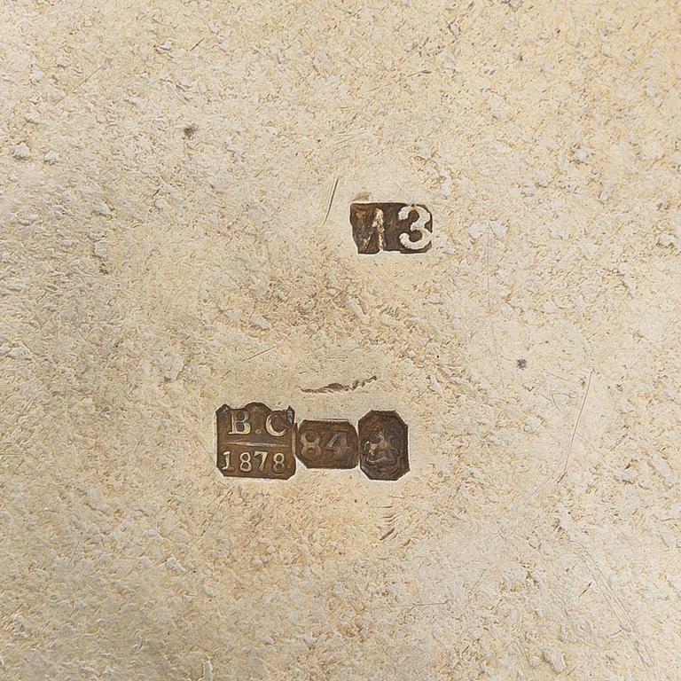 Teelasinpidike, hopeaa, Moskova 1878, ja jälkiruokalusikoita, 5 kpl, hopeaa, hovihankkija Ljubavin, Moskova 1908-17.