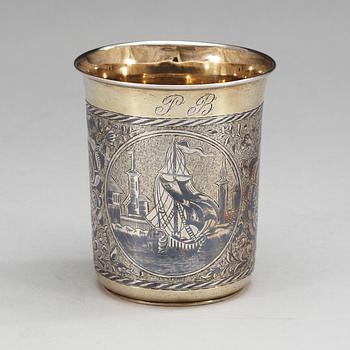 A Russian 19th century silver-gilt and niello beaker, unknown makers mark, Moscow 1839.