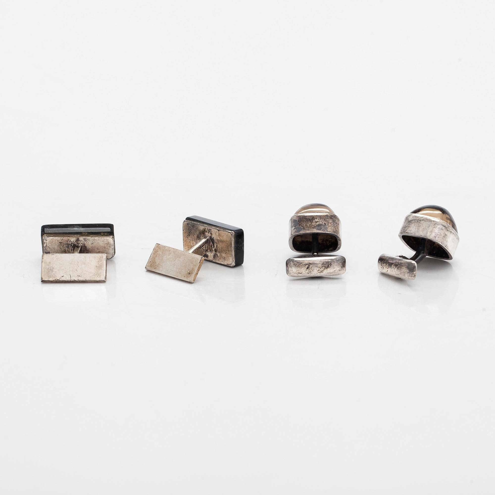 Elis Kauppi, cufflinks, 2 pairs, spectrolite, smoky quartz, silver, Kupittaan Kulta, Turku 1961–1963.