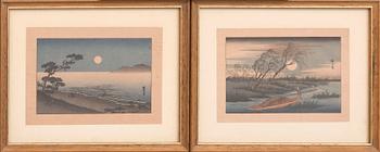 Ando Utagawa Hiroshige efter m fl, fem träsnitt,
Japan 1900-tal,