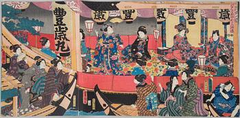 A Japanese colored woodblock print, triptych, Meiji (1868-1912).