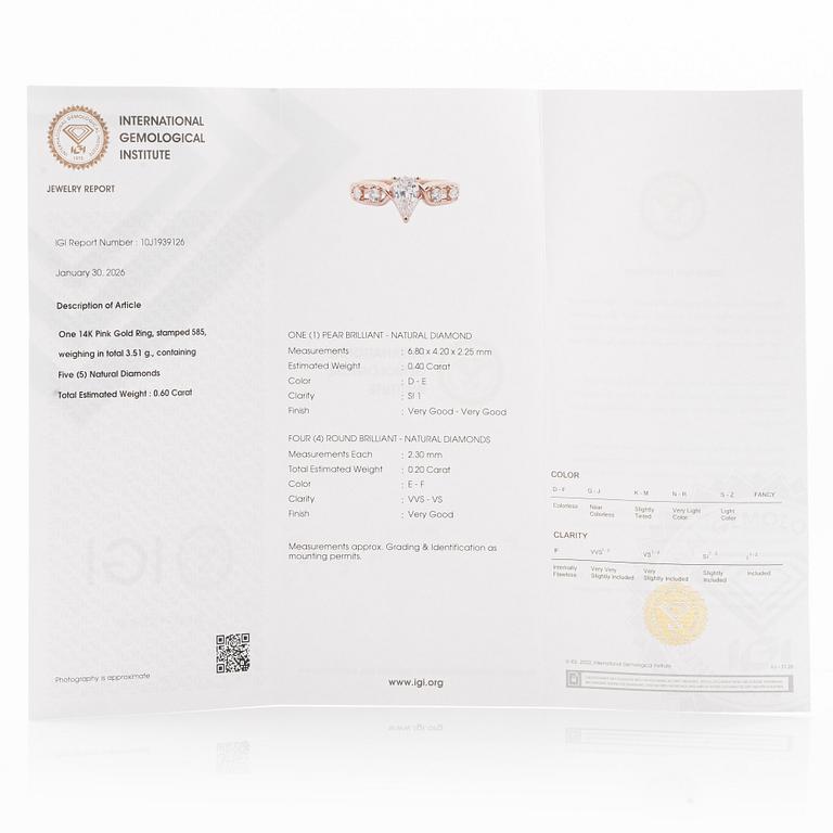 Ring 14K rose gold with a pear-shaped diamond and brilliant-cut diamonds, accompanied by an IGI report.