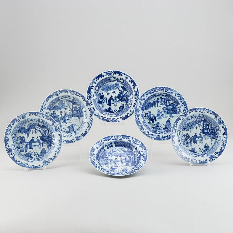 Six blue and white plates, Qing dynasty, 18th century.