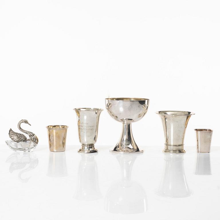 Five silver beakers and a salt cellar, including mark of Gustaf Jansson, CG Hallberg, Stockholm 1960.