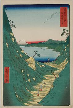 HIROSHIGE, 3 st, träsnitt, senare tryck, sent 1800-tal.