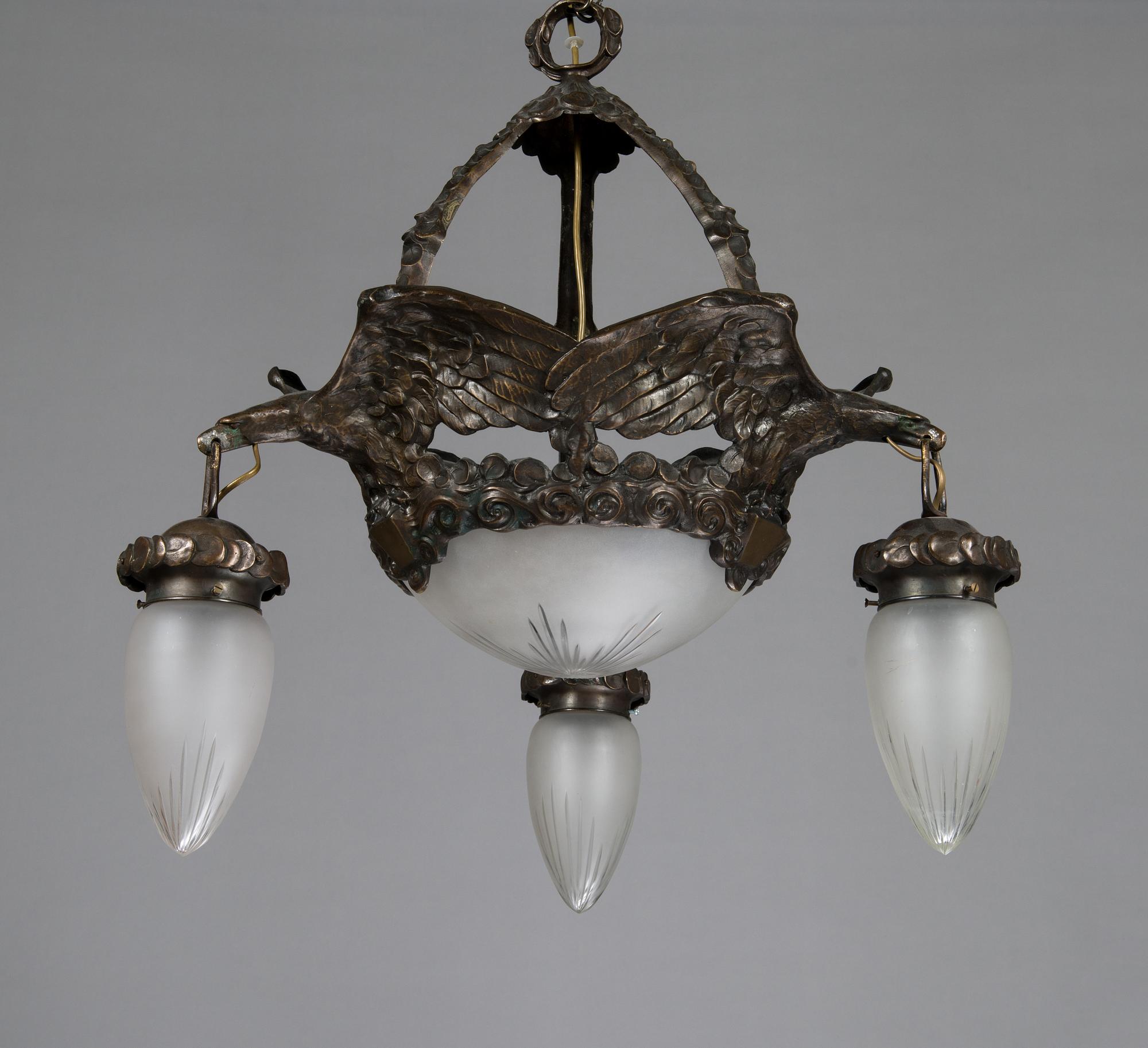 A Jugend style patinated bronze pendant ceiling light from the early 1900s, Böhlmarks, Sweden.