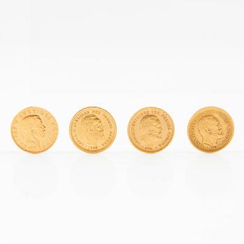 Gold coins, 4 pcs 5-kronor 1899, 1901, 1920 Sweden, Oscar II and Gustav V.