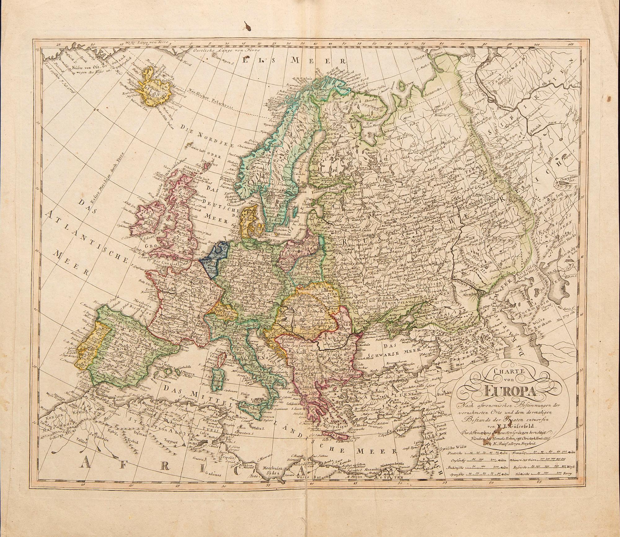 Franz Ludwig Güssefeld, map, hand colored copper engraving, Nürnberg 1819.