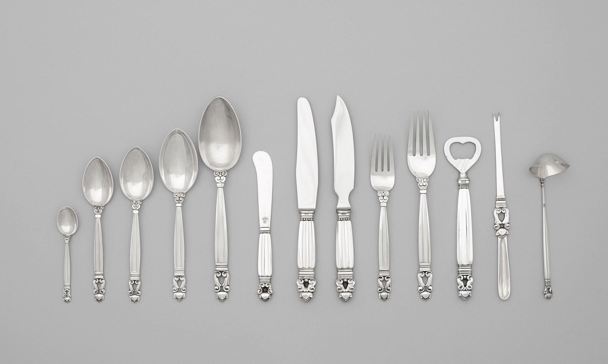 JOHAN ROHDE, bestickuppsättning, 80 delar, "Konge/Acorn", Georg Jensen, Köpenhamn 1933-77.
