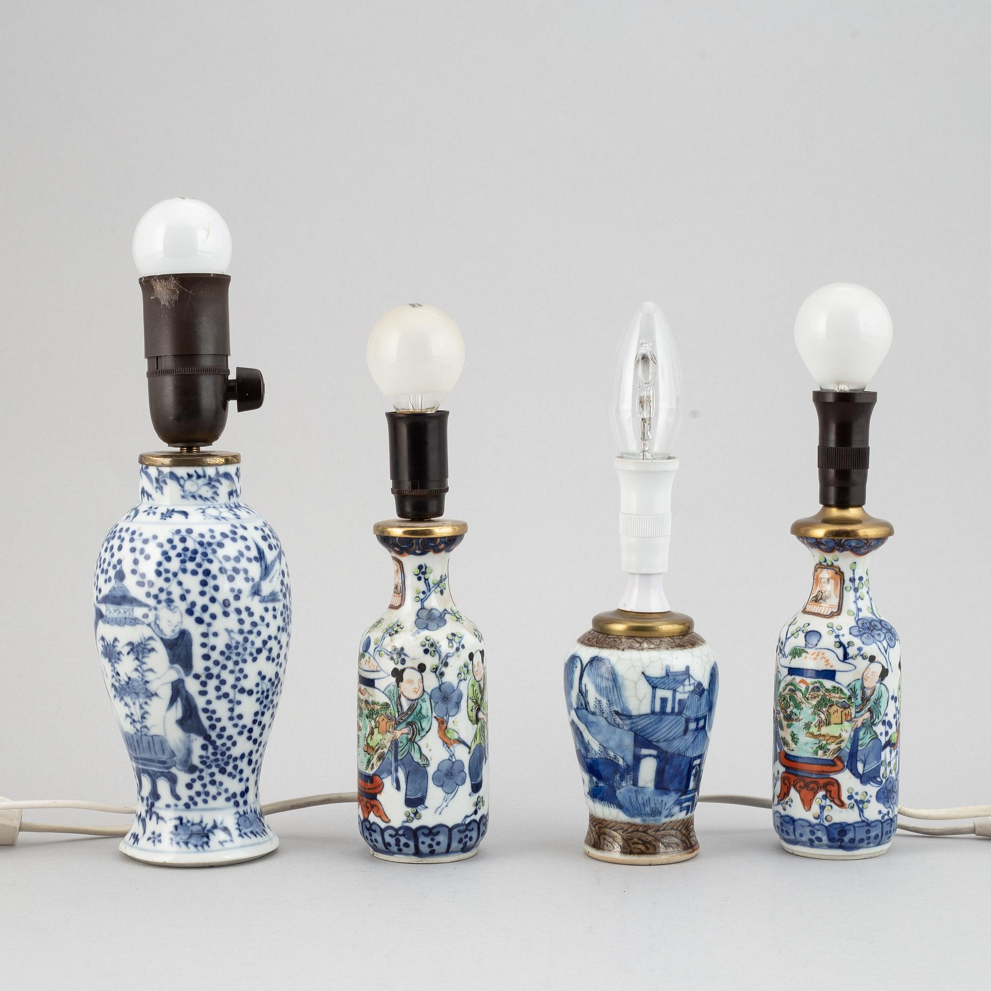 Four different vases, turned into table lamps, Qing dynasty, late 19th/early 20th century.