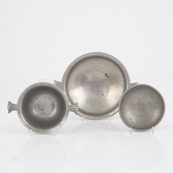 Firma Svenskt Tenn, a set of three pewter bowls, Stockholm, Sweden 1924, 1926 and 1930, model A 9, A 216 and A 7.