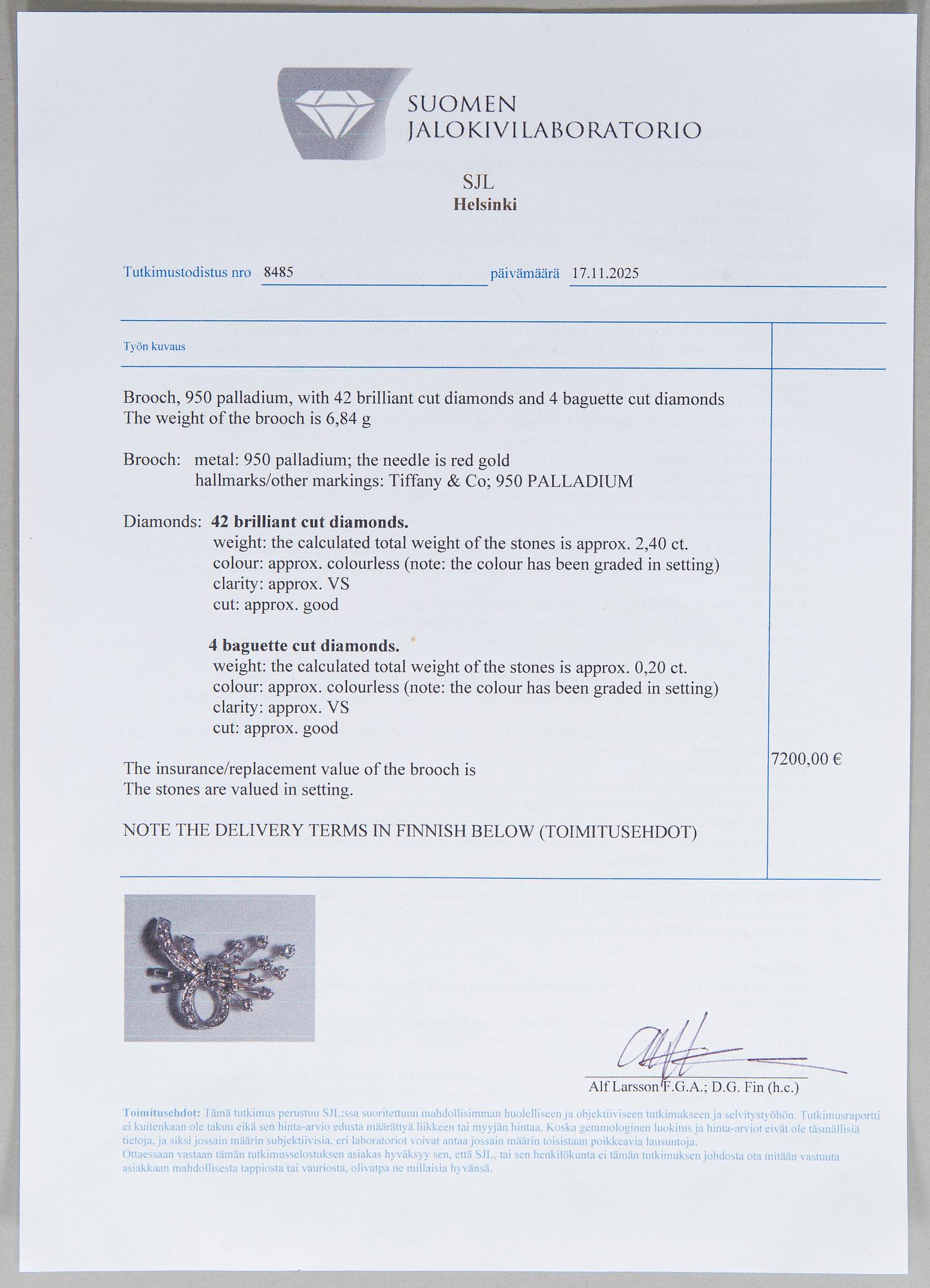 Tiffany & Co, brosch, palladium med briljant- och baguetteslipade diamanter.