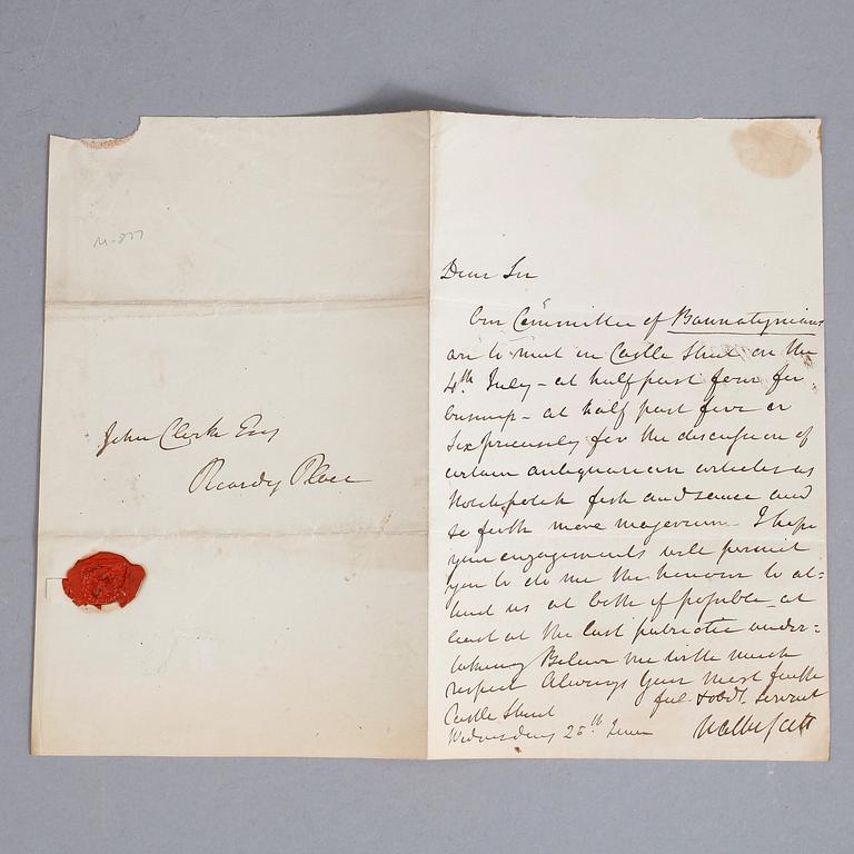 SIR WALTER SCOTT (1771-1832), brev med namnteckning, dat 25 juni, okänt år.