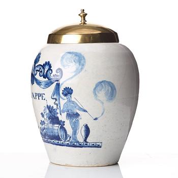 A Dutch faiance tobacco jar, circa 1800.