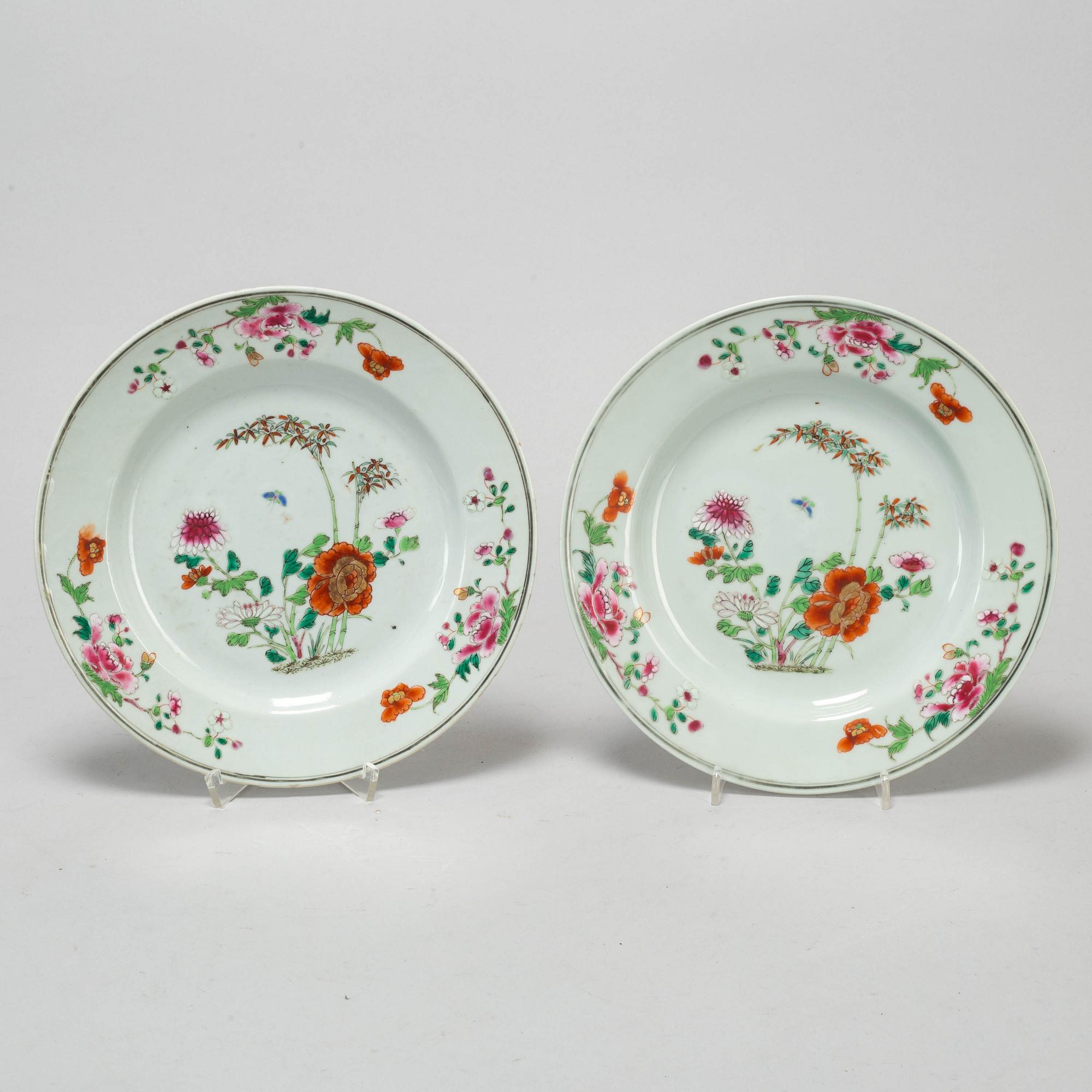 A famille rose serving dish and two plates, Qing dynasty, Qianlong (1736-95).