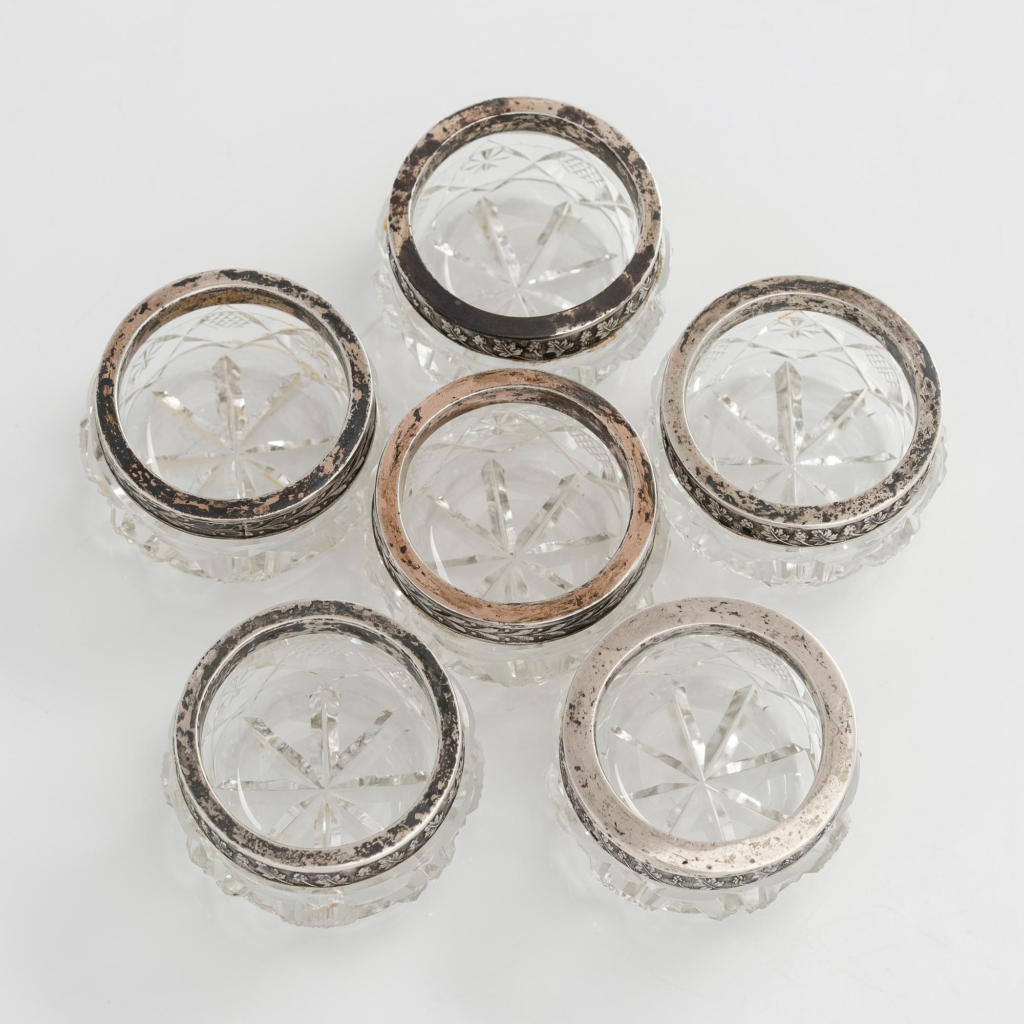 A set of six Estonian glass and silver salt cellars, maker's mark of Hirsch Markowitsch, Tallinn 1922-39.