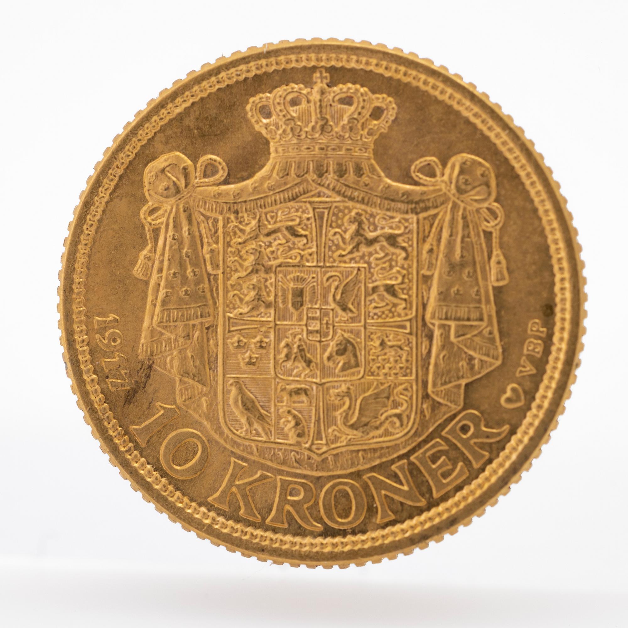 Gold coin Denmark, Frederik VIII 10 kroner, 1917.
