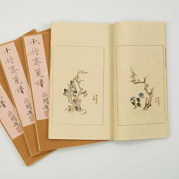 Book, 4 vol, richly illustrated with woodcuts in colours, "Shi zhu zhai jian pu" by Hu Zhengyan.