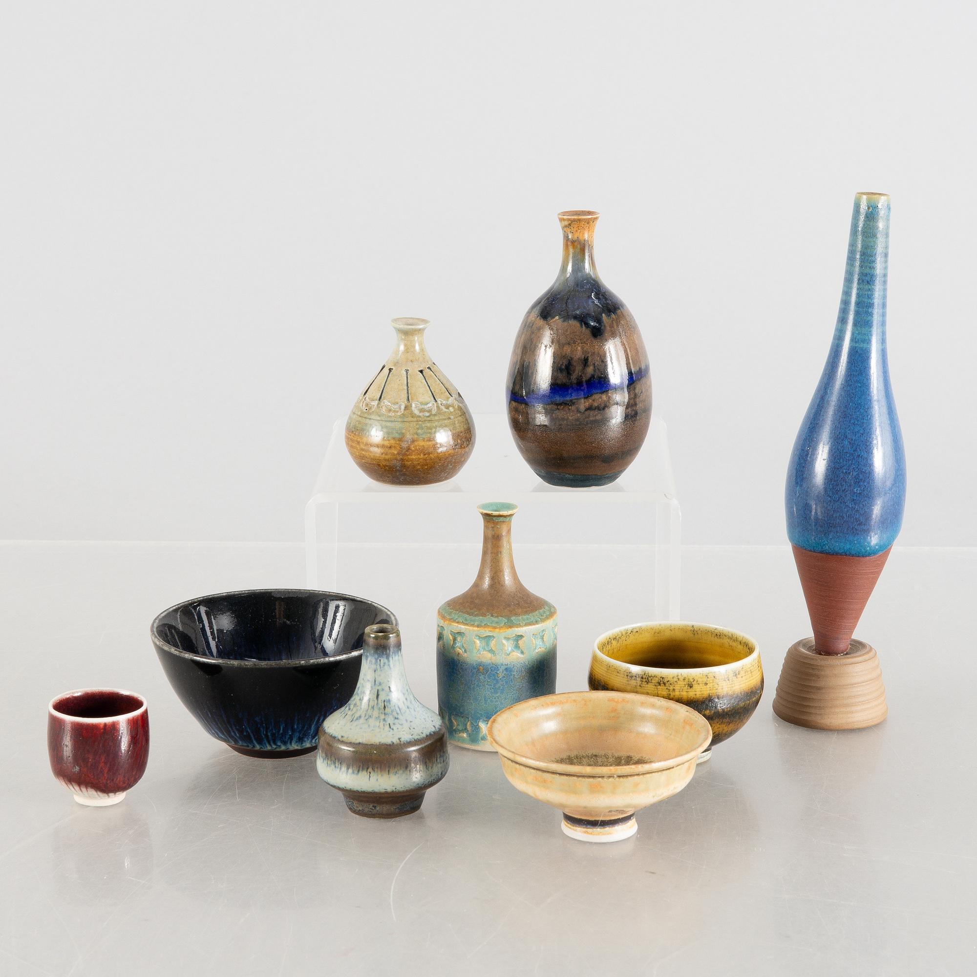 Five miniature vases and four bowls, including Carl Harry Stålhane, Rörstrand and Wilhelm Kåge, Gustavsberg Studio.