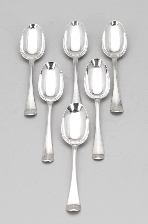 SKEDAR, 6 st, sk råttsvansskedar, silver, London, England, 1721. Tot ca 390 gr.