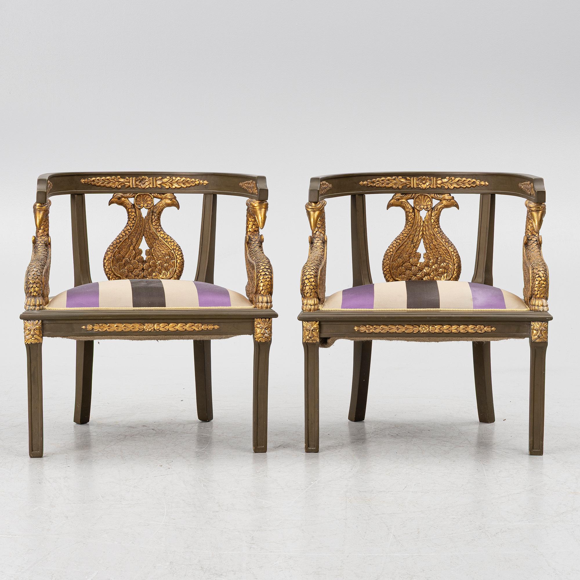 A pair of Empire-style armchairs with an end table, second half of the 20th century.