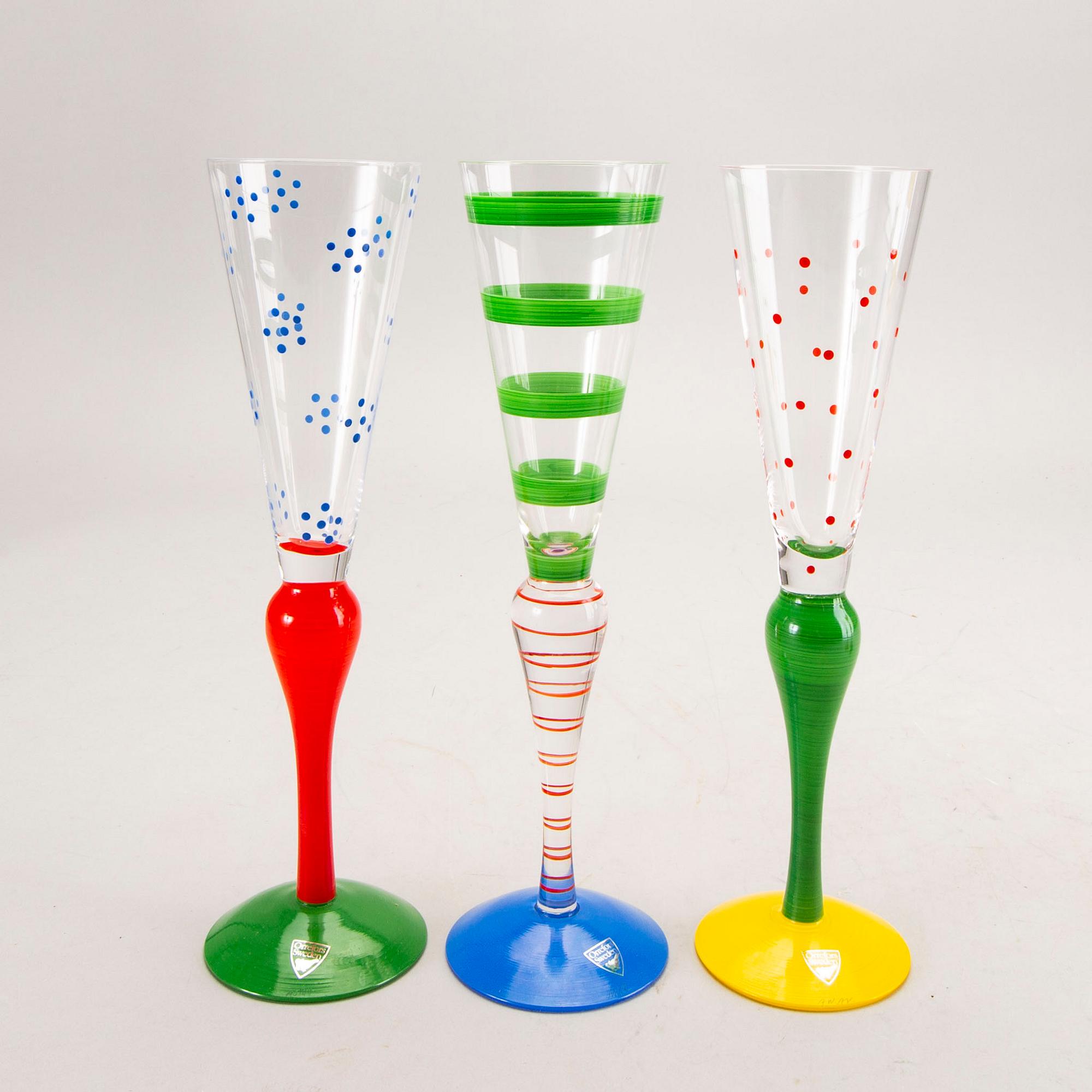 Anne Nilsson, a set of six handpainted champagne glasses from Orrefors.