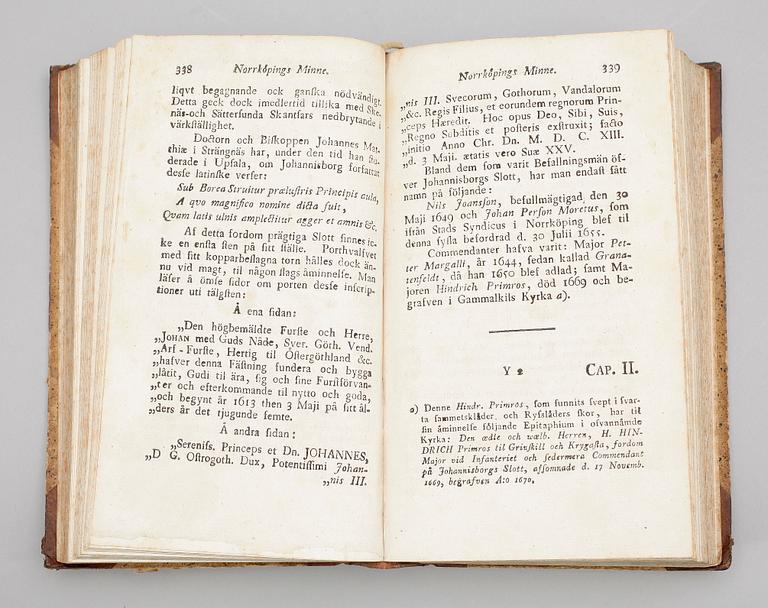 BOK, "Norrköpings Minne" I-II, av Hans Olof Sundelius, Norrköping 1798.