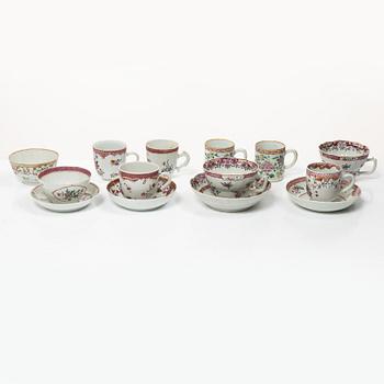 A group of 10 Chinese famille rose export porcelain cups and four saucers, Qing dynasty, 18th century.