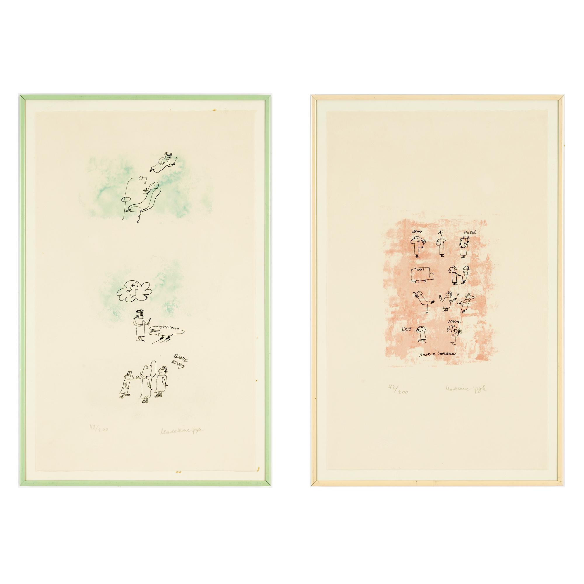 Madeleine Pyk, färglitografier, ett par, "Praktik stängd" och "Have a banana".