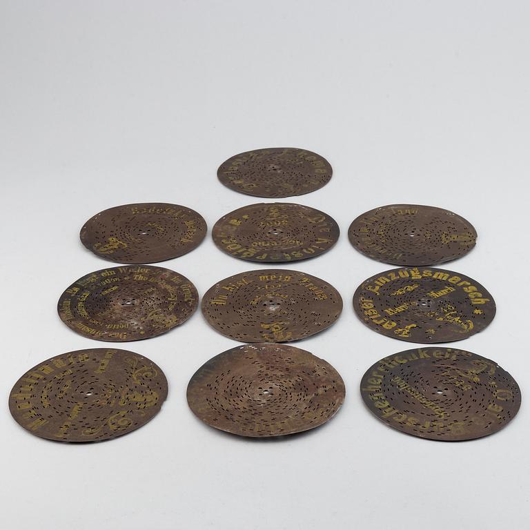 Polyphon wooden music box with ten discs, Germany, c. 1900.