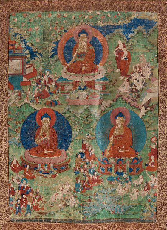 THANGKA. Tibet, troligen 1800-tal. Shakyamuni med lärjeungar och lamor.