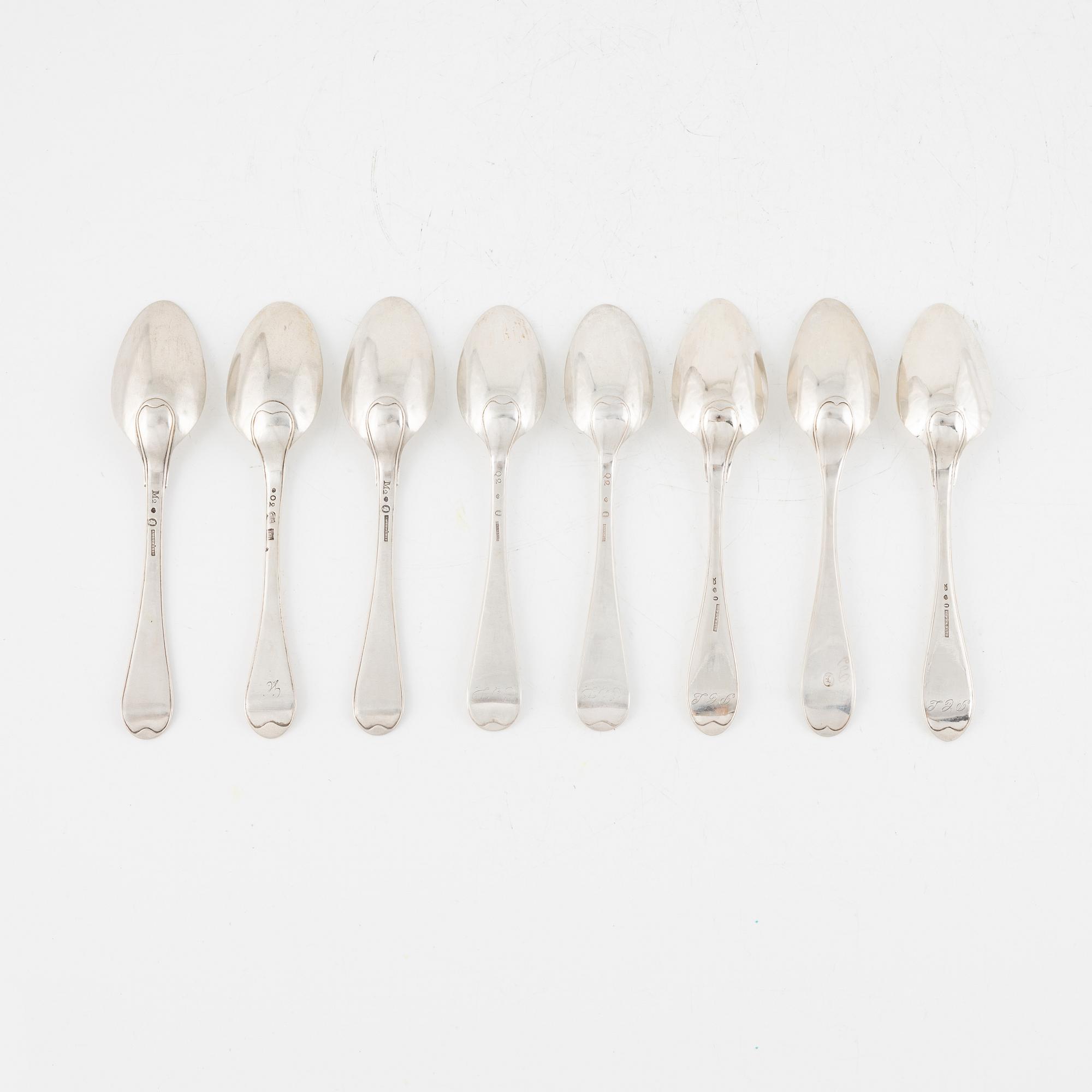 Skedar, 8 st, silver, bl.a. Stephan Westerstråhle, Stockholm 1794.