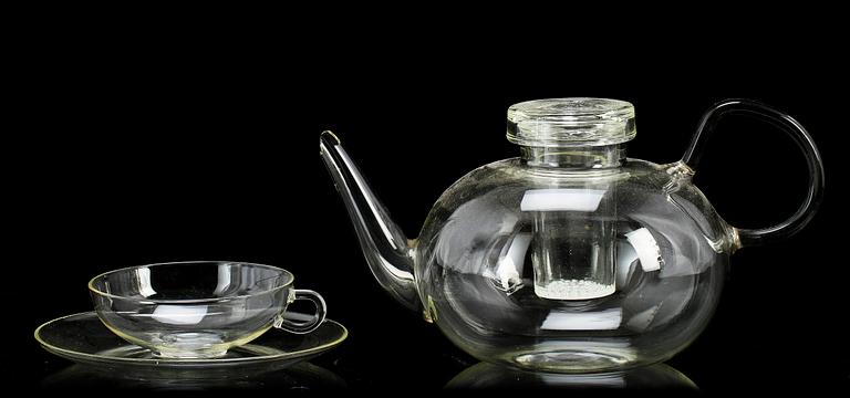 TEKANNA samt TEKOPPAR, 3 st, glas, Wilhelm Wagenfelt för Jenaer Glaswerke, Jena, Tyskland, 1900-talets andra hälft.