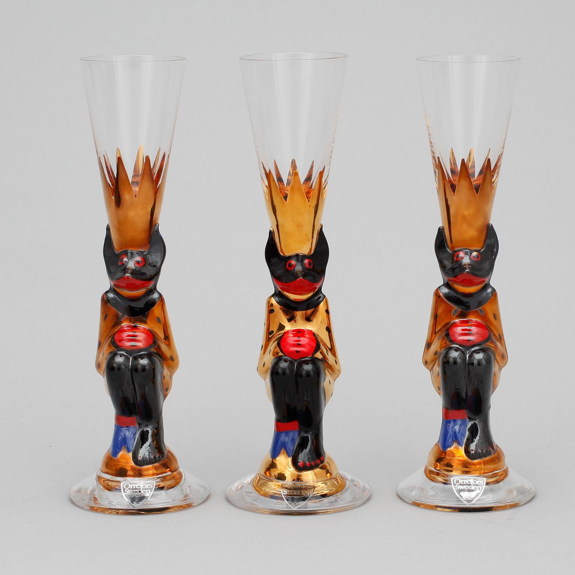 SNAPSGLAS, 3 st. Design Gunnar Cyrén ur Nobelservisen. Orrefors.