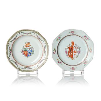 1053. Two famille rose armorial dishes, Qing dynasty, Qianlong (1736-95).
