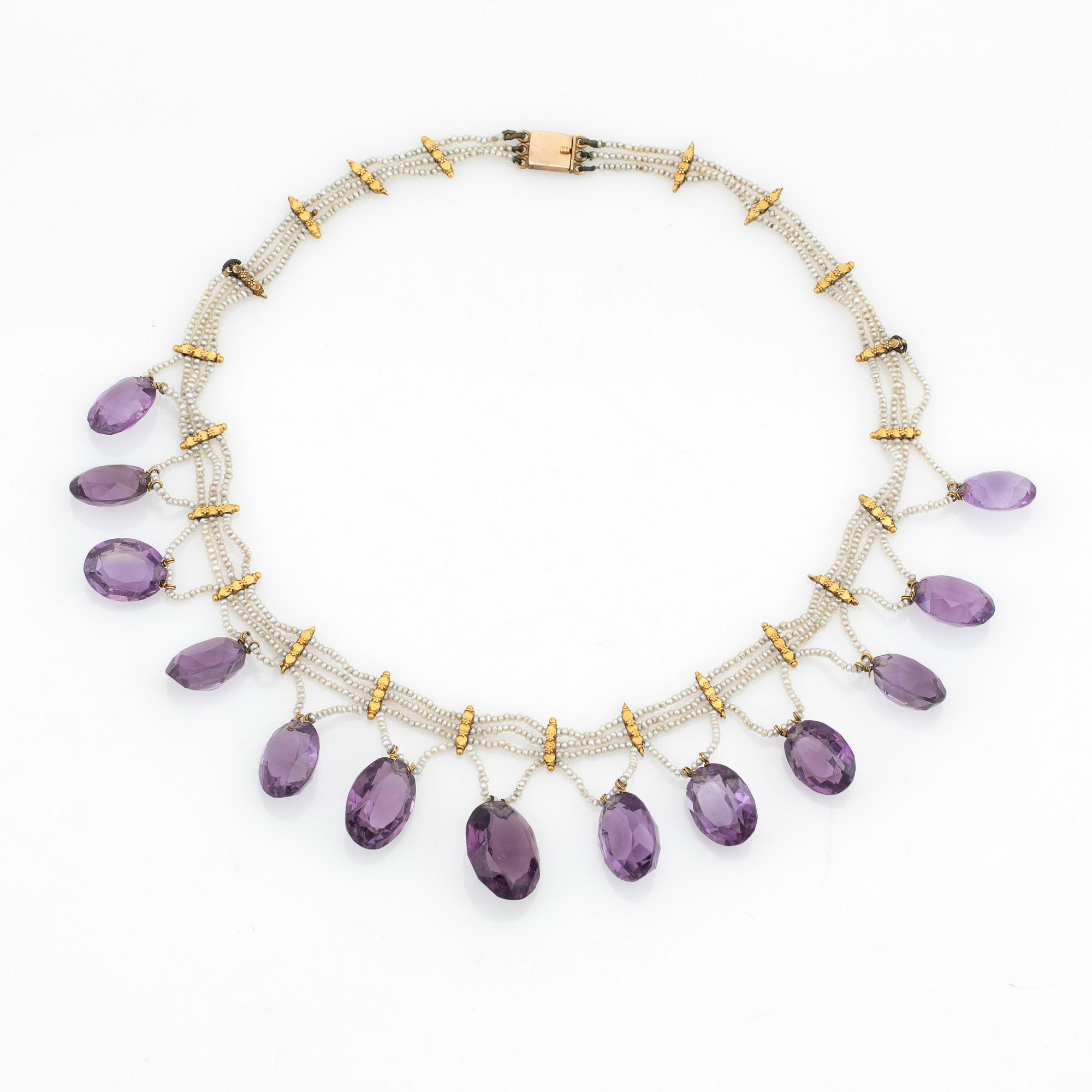 Necklace, 18k gold with amethysts and seed pearls.