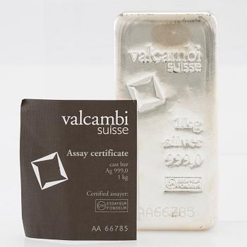 Silver bar 1kg 999 Valcambi Suisse.