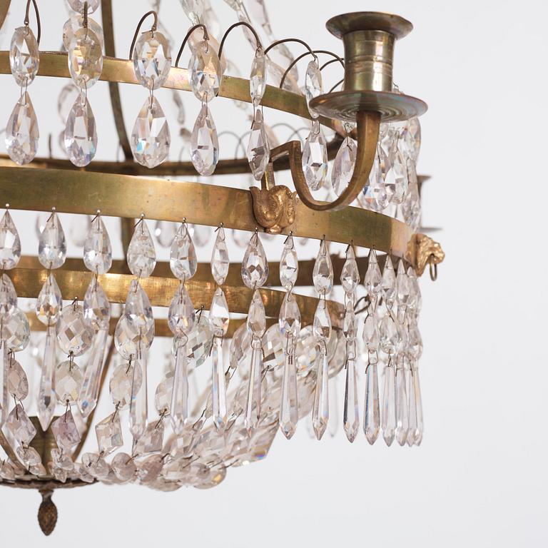 A late Gustavian five-light gilt brass chandelier, late 18th century.