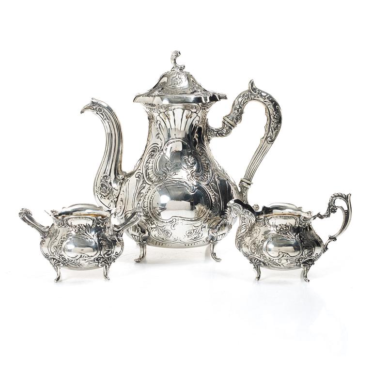 Coffee service, 3 pieces, silver, Rococo style, Gewe Silvervarufabriken Ab, Malmö 1976–78.