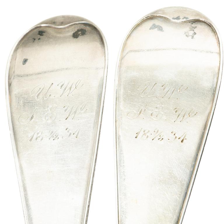 A pair of Swedish silver serving spoons, mark of Anders Theodor Barkman, Varberg 1830.