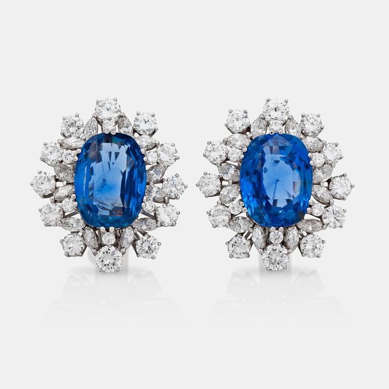 A pair of 9.92 ct and 10.28 ct unheated ceylon sapphires and diamond earclips.