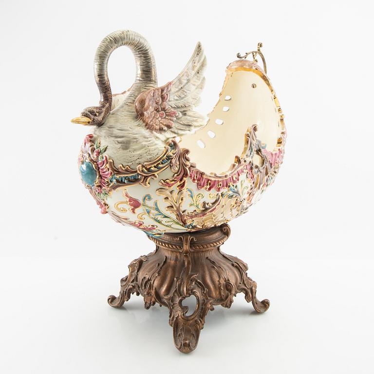 Jardinière/bowl on foot Neo-Rococo early 20th century majolica and metal.