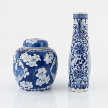 A blue and white moon flask, China, 19th century, and a blue and white ginger jar, China, around 1900.