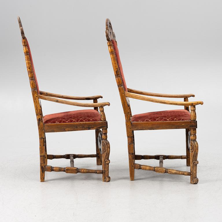 Armchairs, a pair, Baroque style 18th/19th century possibly with some earlier parts.