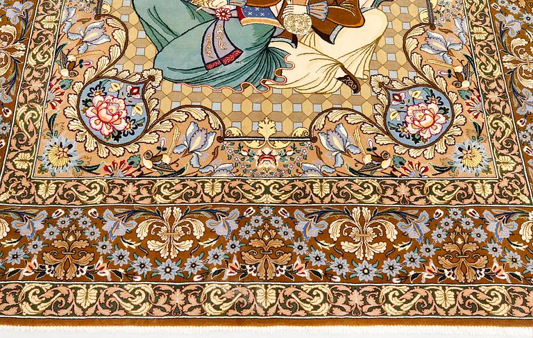 A pictoral part silk, Esfahan rug, signerad, 240 x 158 cm.