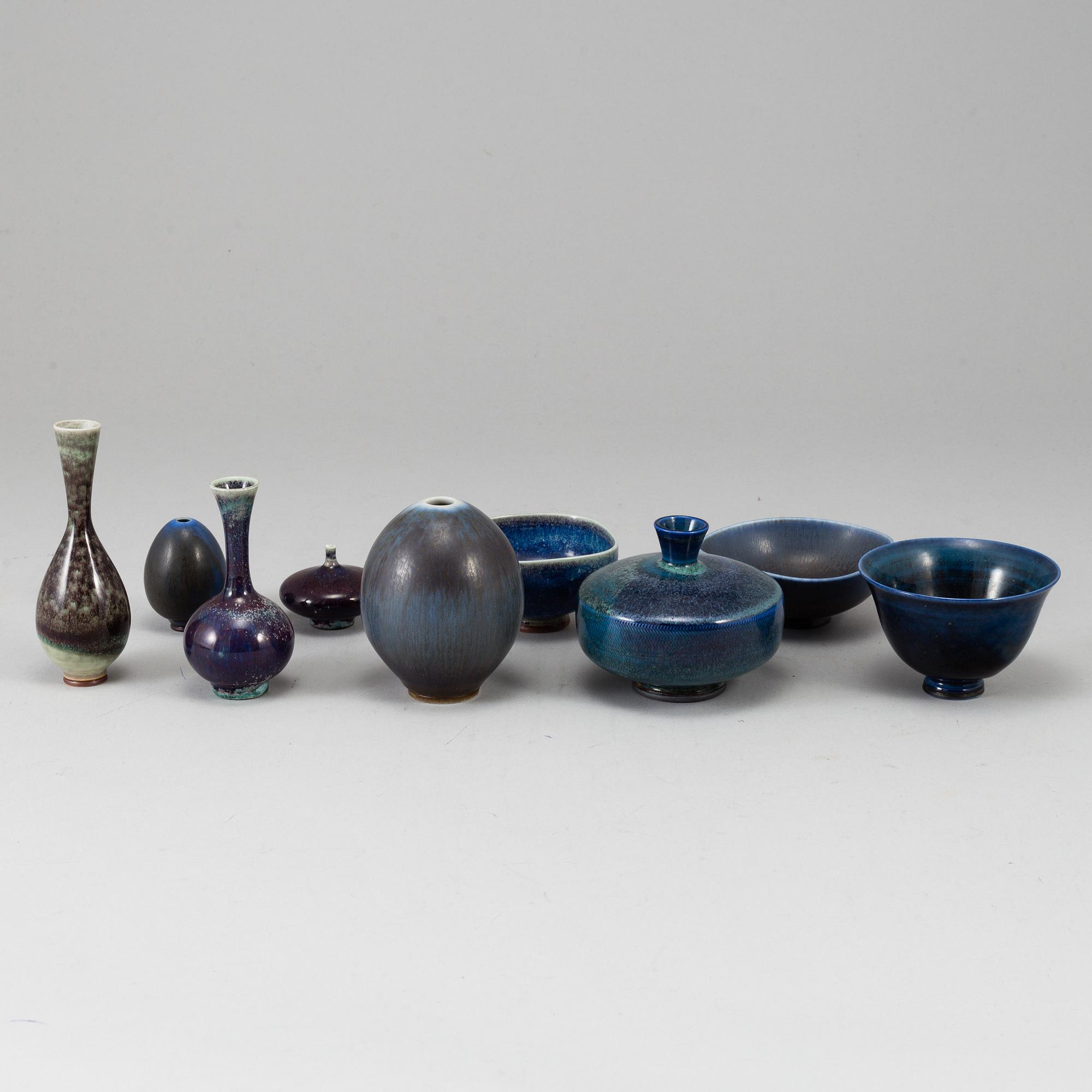 BERNDT FRIBERG, miniatyrer, 9 st, stengods, Gustavsberg Studio.