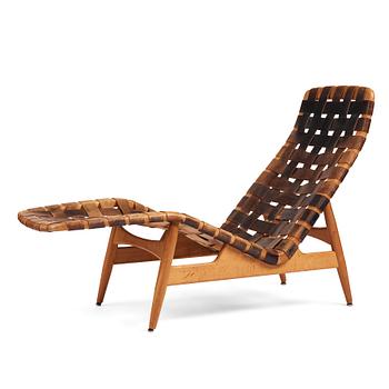 356. Arne Vodder, a teak chaise longue with black leather straps, Bovirke Denmark 1950's.