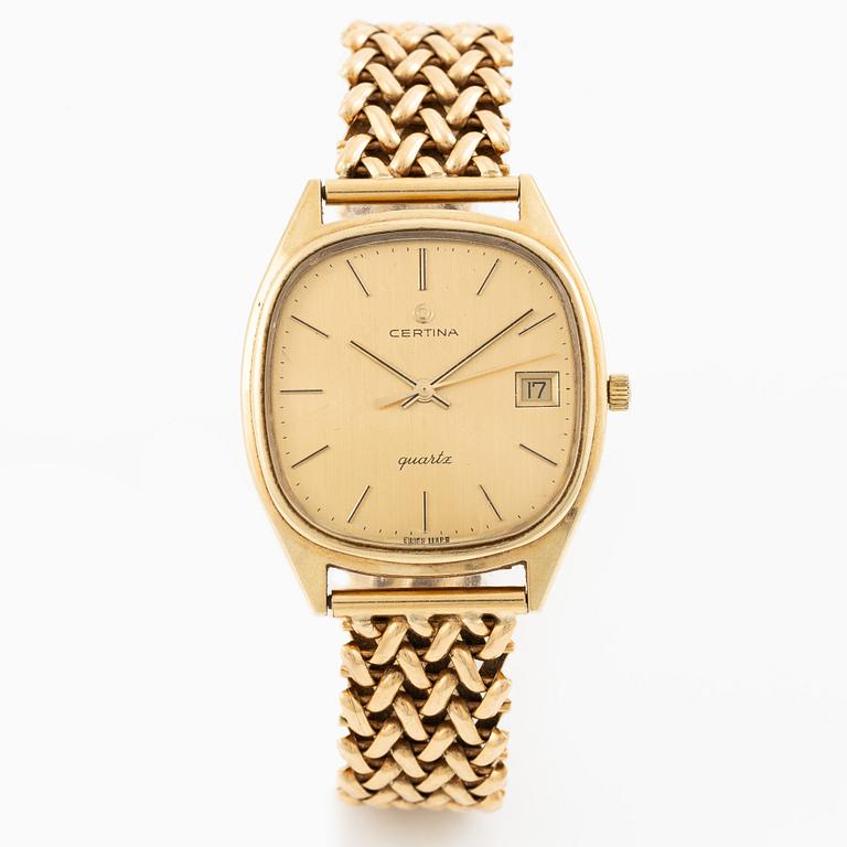 Certina, 14K gold, chain in 18K gold, 33.5 mm.