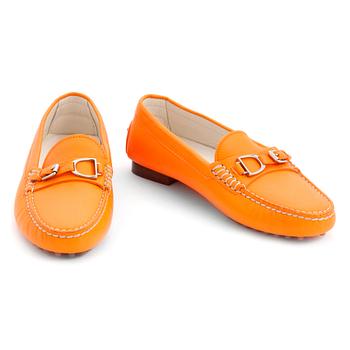 RALPH LAUREN, a pair of orange leather loafers. Size US 8 1/2B.